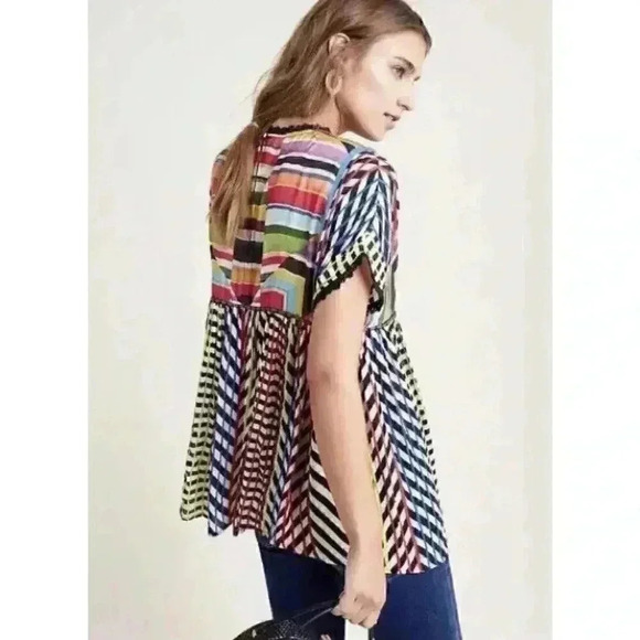 Anthropologie Short Sleeve Shirt Embroidered Flowy Tunic Top Colorful Boho Art - Picture 4 of 8
